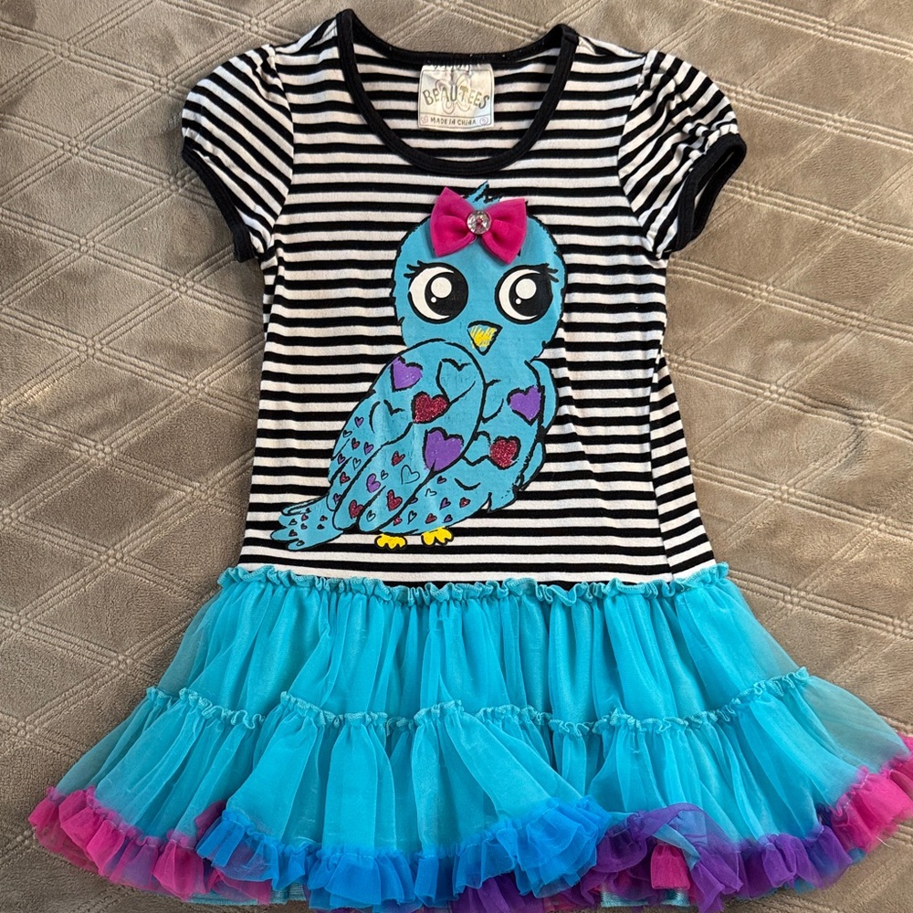 Striped Owl Dress with Blue and Pink Tulle Skirt